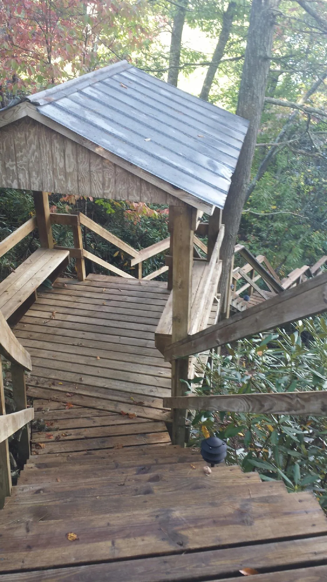 Metal roofed shelter over wooden steps on a wooded walkway — Skylight Repair & Installation work by our crew in Mascoutah